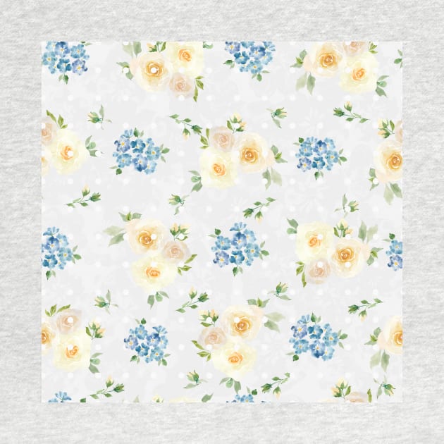 White Roses Blue Forget Me Nots Polka Dots on Grey Abstract Floral by Jaana Day